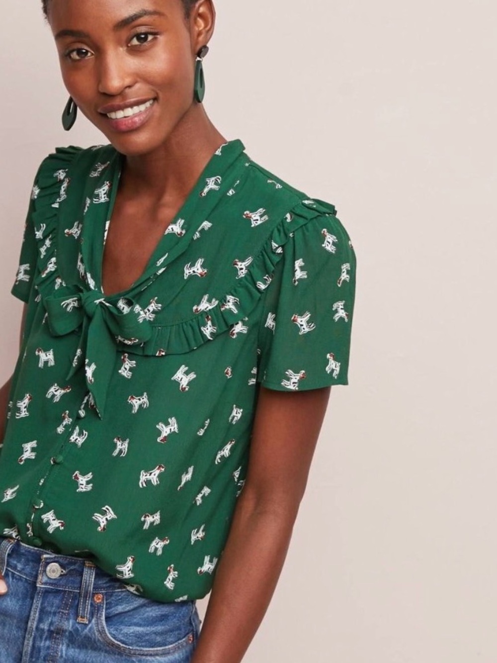 Anthropologie Maeve dog print blouse green